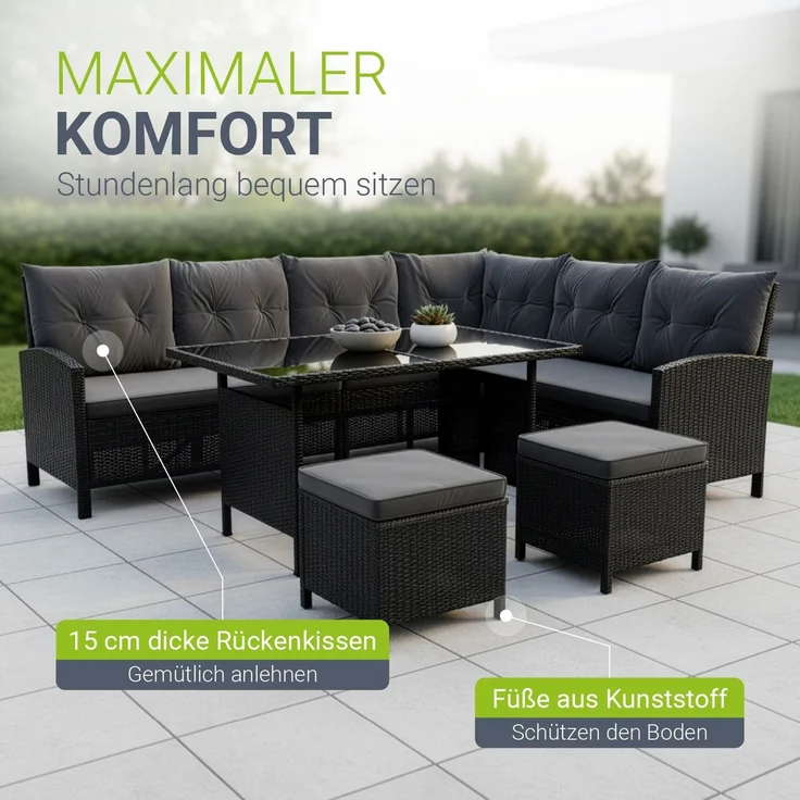 Juskys 'Manacor' Lounge mit Sofa, Tisch, 2 Hocker & Kissen, Polyrattan schwarz-grau, 7 Personen – Bild 5