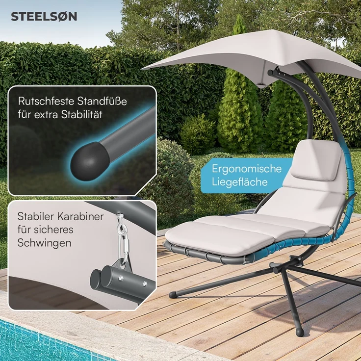 STEELSØN 'Nyria' Schwebeliege, beige, wetterfest, bis 120 kg belastbar, Hängeliege mit Sonnenschirm und Polster – Bild 3