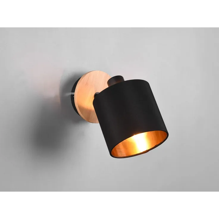 Wandstrahler TOMMY Holz mit Stoffschirm Schwarz / Gold, Breite 12cm
