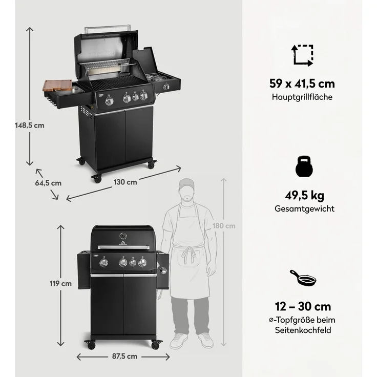 BURNHARD® Gasgrill 3-Brenner 2x Edelstahl-Stabbrenner 3,75 kW, 1x Infrarot-Keramikbrenner 3,75 kW, Gussrost, Piezo-Zündung – FRED Deluxe - Schwarz - #947128 – Bild 3