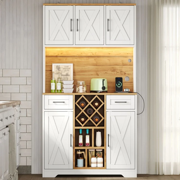 Küchenschrank, hoher Stauraumschrank mit LED-Beleuchtung, Vorratsschrank mit Weinregalen, Weinschrank & Vitrinenschrank für Wohnzimmer und Esszimmer, 180 × 105 × 40 cm--Natur + Weiß2--105x40x180cm--YOUDENOVA – Bild 8