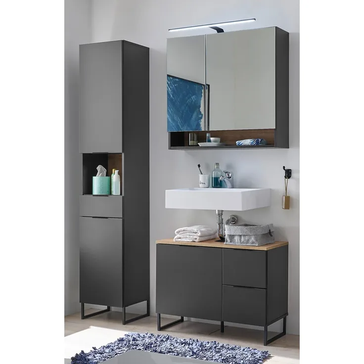 Badezimmer-Set >Denver< (3-tlg.) in schwarz matt / Evoke Eiche Dekor - 140x195x35 (BxHxT)