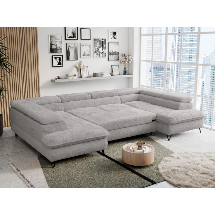 Ecksofa U-Form, mit Bettkasten, Bettfunktion und Einstellbare Kopfstützen, Sofa big XXL - PETER U - Hellgrau Plüsch – Bild 4