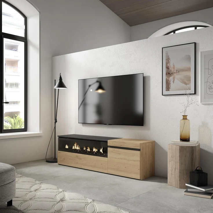 Skraut Home | TV-Schrank, Lowboard | für Wohnzimmer und Esszimmer | 150 x 45 x 35 cm | Für TV-Geräte bis zu 65" | Elektrokamin. Maße | Moderner Stil | Eiche Schwarz – Bild 2