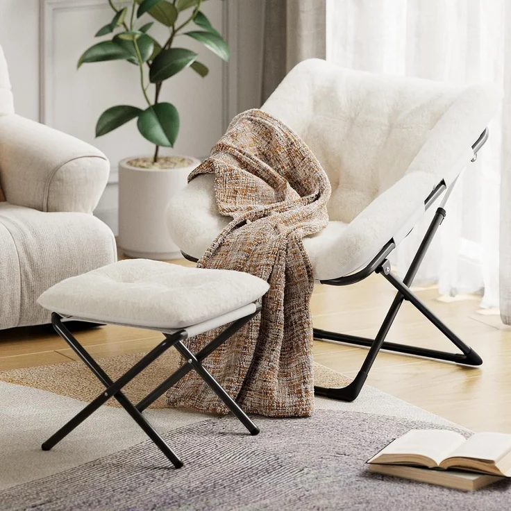 Sessel Klappbar Fußhocker Lesesessel Wohnzimmer Jugendliche Beige – Bild 2