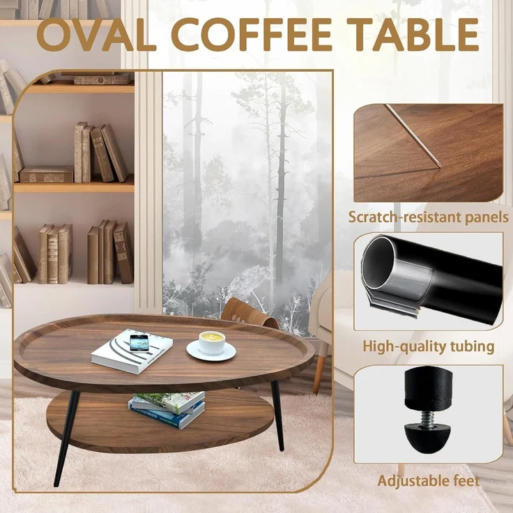 Ovaler Couchtisch Holz Wohnzimmer Tisch Stauraum Industrie-Design 100x55x38 cm – Bild 5