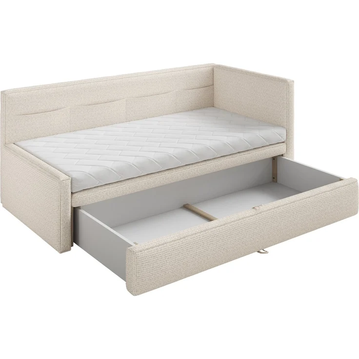 Selsey 'Nesmi' Polsterbett mit Bettkasten, Webstoff Hellbeige, 90x200 cm – Bild 4