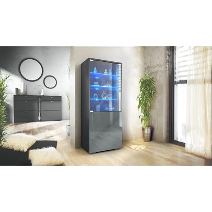 Vladon Standvitrine Granada (Vitrinenschrank, mit Glastür und Glaseinsatz inkl. LED) Anthrazit matt/Grau Hochglanz (50 x 122,5 x 34,5 cm) – Bild 3