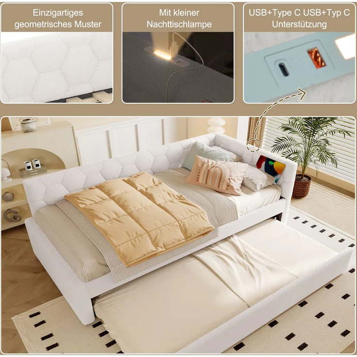 Daybett, 90*200cm Tagesbett, Schlafsofa, Bett mit Lattenrost (ohne Matratze), mit Nachttischlampe, mit multifunktionalem Ausziehbett, USB-Anschluss, Typ-C, Komfortmaterial, Boucle, Weiß – Bild 2