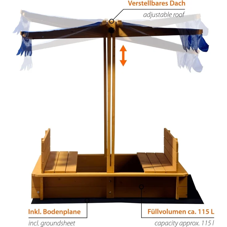 Sandkasten mit schwenkbarem Dach, Sitzbänke, Bodenplane, verschließbare Sandkiste aus Holz für Kinder, 120 x 120 x 120 cm, hellbraun – Bild 3