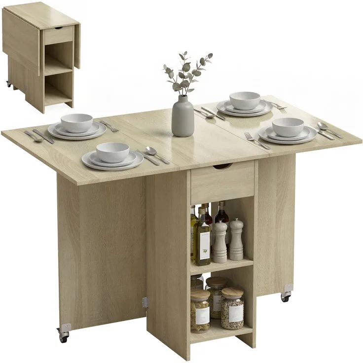 Wohnora-Klappbarer Esstisch für 2-4 Personen, Rollbarer Tisch mit offenem Fach und Schublade, ideal für kleine Räume, Natur,H 750cm x T 1145cm x B 700cm,Naturholz
