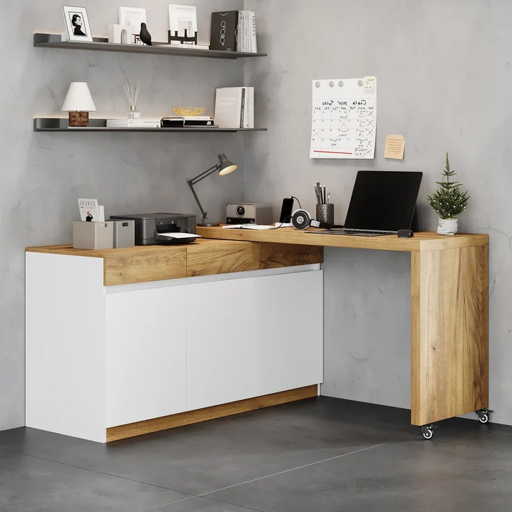 ZUBALIYA Schreibtisch mit feststellbaren Rollen – multifunktionales Design, 4 cm dickere, drehbare Tischplatte, fest arretierbar, weiß/Eiche, Faltbarer Schreibtisch, Eckschreibtisch, Sideboard,Dicke Materialie,Weiß Eiche – Bild 1