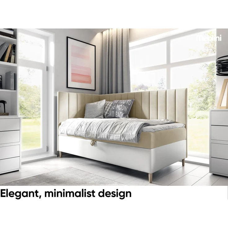 MEBLINI Kinderbett mit Bettkasten MAYA 3 90x200 Links - H3/Beige Samt Gepolstert Einzelbett mit Matratze - Polsterbett mit Stauraum - Bett mit Kopfteil – Stauraumbett – Bild 2