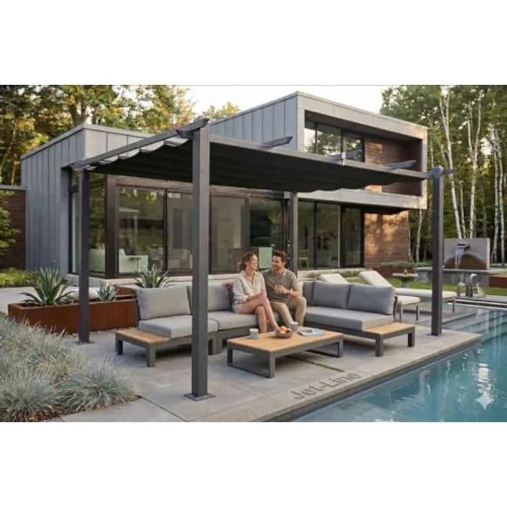 Jet-Line Pavillon Luxor Pergola 4 x 3 m, Aluminium mit stabilen 10x10 cm Stützen, stufenlos einstellbarer Sonnenschutz, UV-Schutz, Anthrazit
