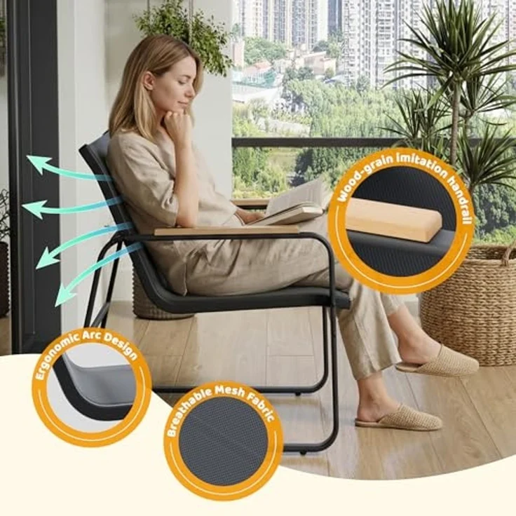 Mondeer Balkonset Gartenmöbel Set 4-tlg, (1 Tisch mit 1 Doppelstuhl 2 Einzelstühlen), Mesh-Gewebe & Holz-Kunststoff-Armlehnen, Schwarz – Bild 4