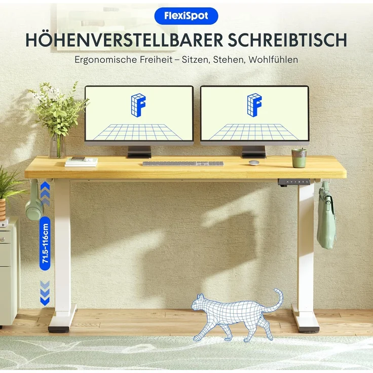 FLEXISPOT Höhenverstellbarer Schreibtisch 140×80cm, mit Haken und 25mm EINTEILIGER Tischplatte, ergonomischer Schreibtisch mit LED-Höhenanzeige und Memory-Funktion (Ahorn, Mousseweiß) – Bild 2