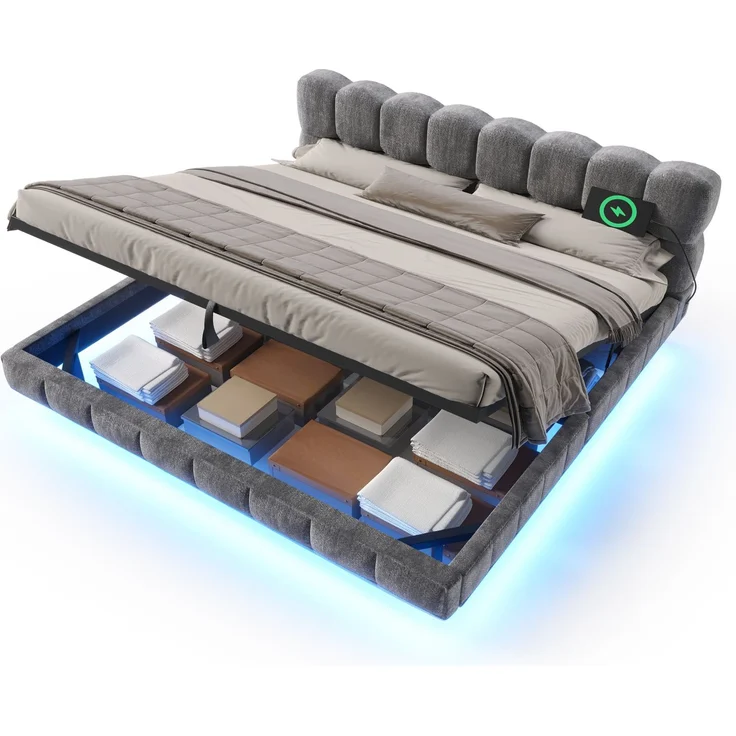 EINHOM Bett Polsterbett Doppelbett Jugendbett in Schwebeoptik, Bubble Design Wolkenbett, Hydraulischer Stauraum, LED, Ladeanschluss (USB & Typ-C), Chenille, 180 x 200 cm, Grau, (Ohne Matratze) – Bild 4