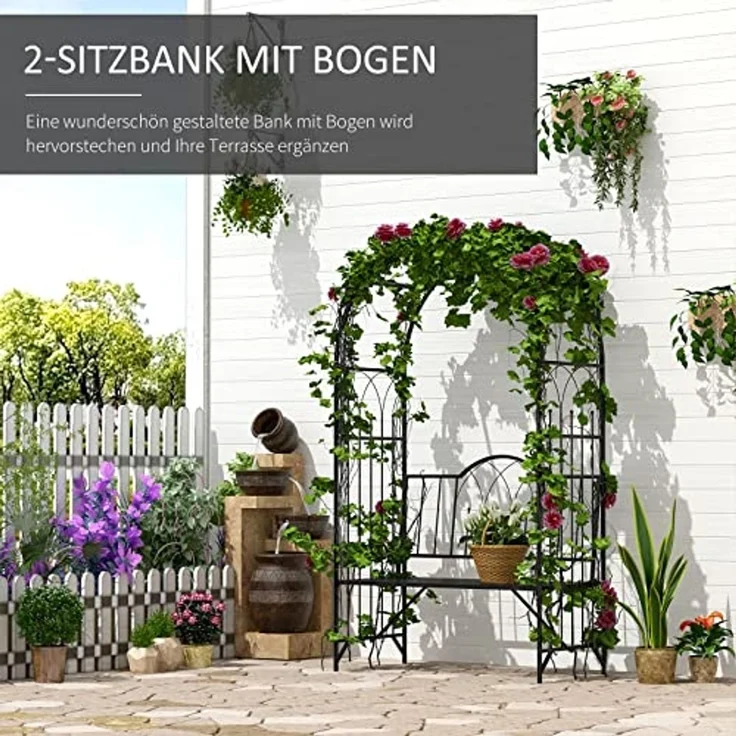 Outsunny Gartenbank Laubenbank Philosophenbank Rankgitter Rankhilfe (Rosenbank, 1-St, Rosenbogen mit Bank), Metall Schwarz 115 x 59 x 203 cm – Bild 3