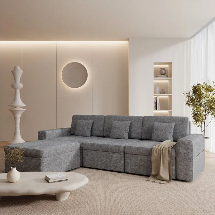 HOMAVO Ecksofa Schlafsofa, Couch L-Form, keine Montage erforderlich, inkl. Zierkissen, FSC® modulares Sofa, optionale Schlaffunktion & flexible Ottomane, Größe modular anpassbar, Stauraum je Sitz & edles Chenille für Komfort – Bild 1