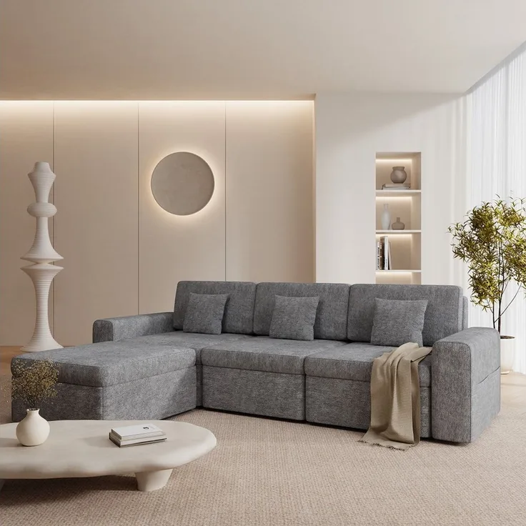 HOMAVO Ecksofa Schlafsofa, Couch L-Form, keine Montage erforderlich, inkl. Zierkissen, FSC® modulares Sofa, optionale Schlaffunktion & flexible Ottomane, Größe modular anpassbar, Stauraum je Sitz & edles Chenille für Komfort
