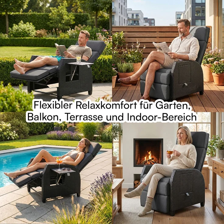 STEELSØN 'Caelum' Polyrattan Sessel mit Liegefunktion, schwarz, verstellbare Rückenlehne, inkl. Polster, Ausklapptisch, wetterfest – Bild 9