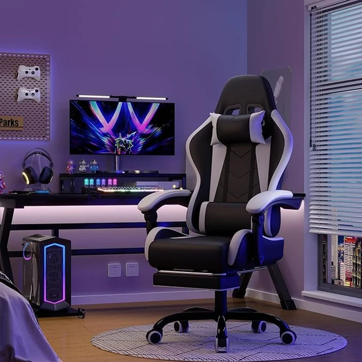 Devoko Massage Gaming Stuhl, Computer Bürostuhl mit Fußstütze, Racing Gamer Stuhl 150kg Belastbarkeit, 90-135° Rückenlehne einstellbar Ergonomischer PC Stuhl, 360° drehbar, Weiß – Bild 2