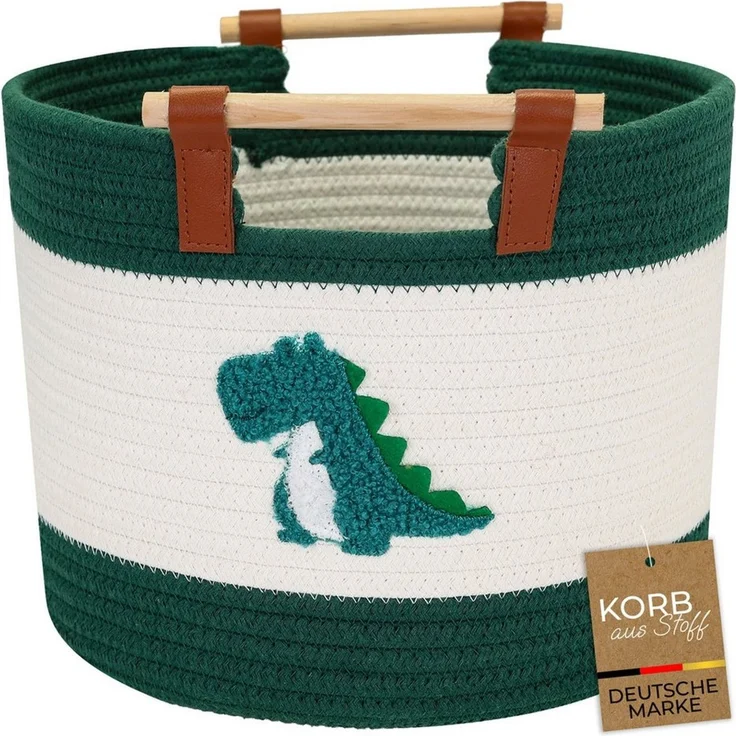 HMF Aufbewahrungskorb Aufbewahrungskorb mit Holzgriffen, runder Korb, für Kinderzimmer oder Babyzimmer, Dinosaurier, 30 x 30 x 24 cm – Bild 1