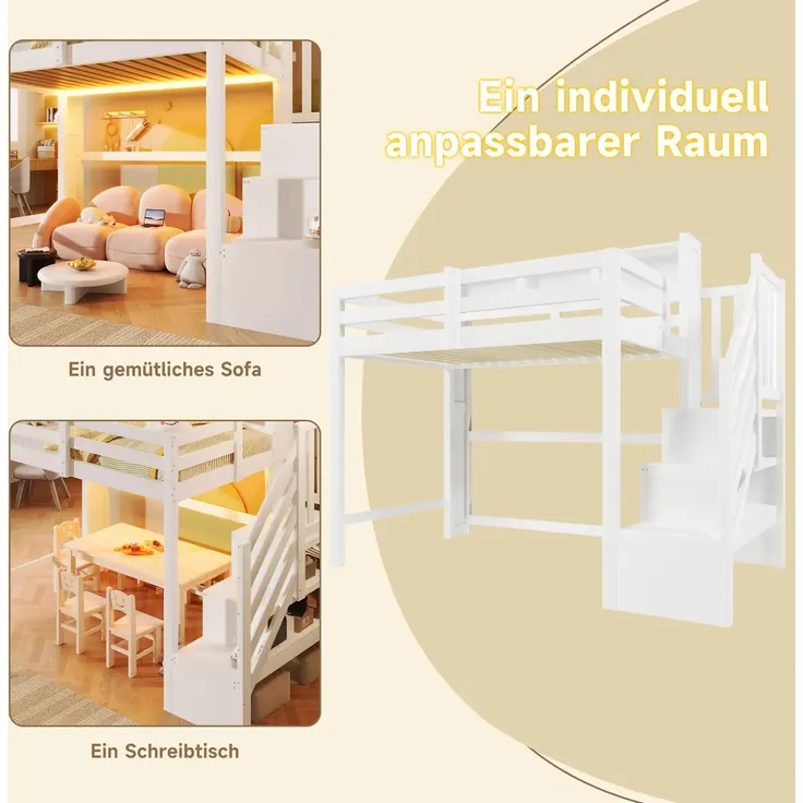 Hochbett mit RGB LED-Streifen, Stauraum, Lattenrost, Rausfallschutz und Regal, Treppe mit Regal, 90x200 cm, Kinderbett, Einzelbett, Kiefer – Bild 6