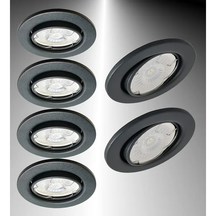 TRANGO LED Einbauleuchte, 6er Set 6729-061MCOB LED Einbaustrahler in Anthrazit matt schwenkbar inkl. 6x 5 Watt 3000K warmweiß Ultra Flach LED Modul, Einbauspots, Deckenstrahler, Badleuchte, Deckenleuchte, Deckenspot, Downlight
