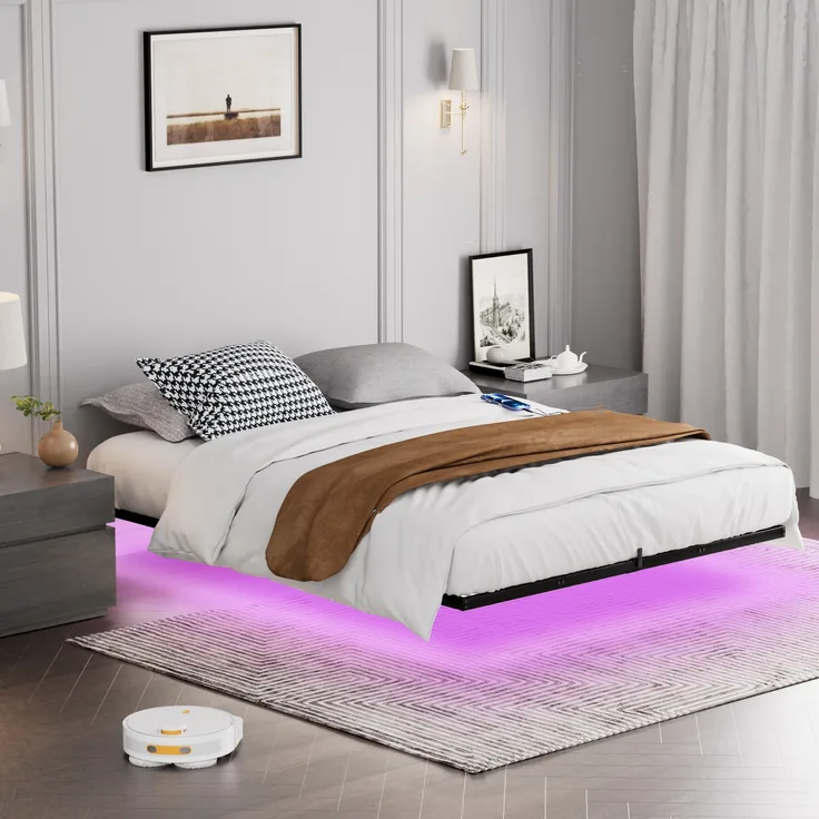 Schwebendes Metallbett, mit LED-Beleuchtung Metalllattenrost stabilem robustem Bettrahmen beleuchtetes Jugendbett einfache Montage, Metall, Schwarz, 160 x 200 cm