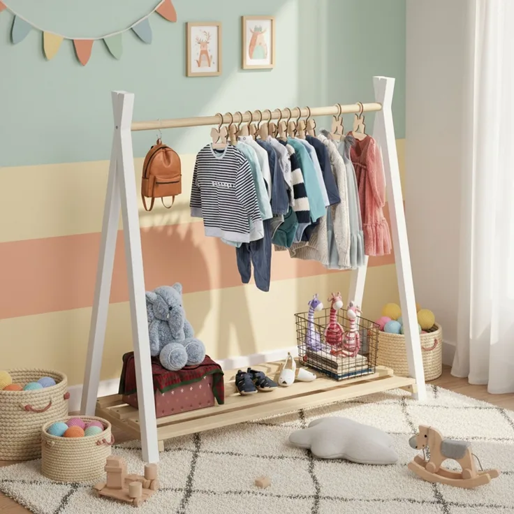 Bellabino 'Ryck' Tipi Kleiderstange, Kiefer Massivholz, weiß/natur, 112x48x115 cm, Kindergarderobe mit Schuhablagefläche