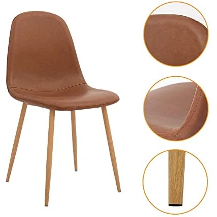 CangLong Satz von 4 Esszimmerstühlen Retro gepolsterte Küchenstühle für Küche Esszimmer, Kunstleder Esszimmerstuhl mit Metallbeinen, Braun – Bild 6