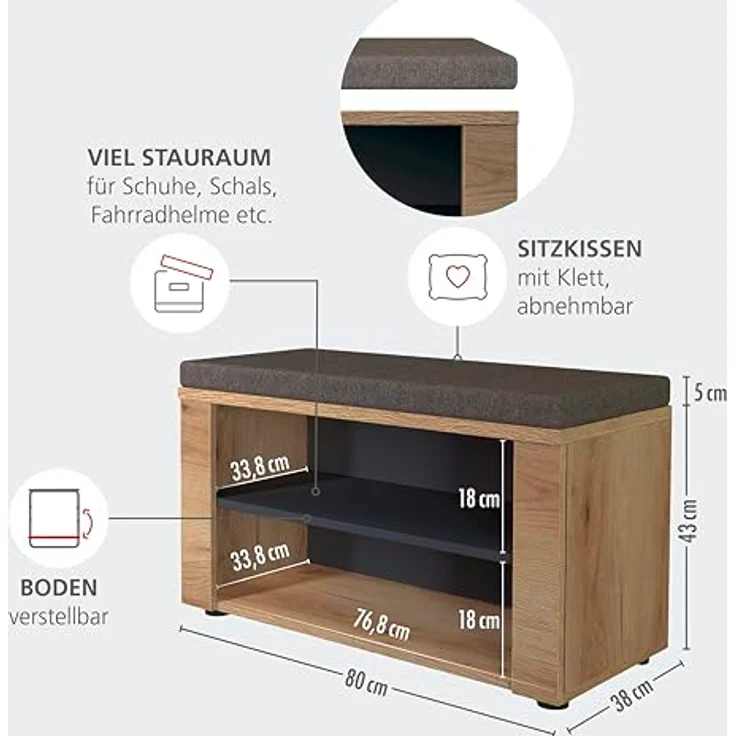 Fargo Sitzbank mit 2 offenen Fächern und Sitzkissen – FSC-Zertifiziert – Moderne Flurbank mit Stoffbezug in Graubraun meliert – 80 x 48 x 38 cm (B/H/T) – Bild 2