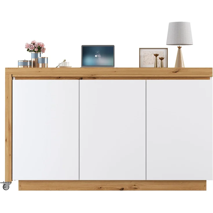 ZUBALIYA Schreibtisch mit feststellbaren Rollen – multifunktionales Design, 4 cm dickere, drehbare Tischplatte, fest arretierbar, weiß/Eiche, Faltbarer Schreibtisch, Eckschreibtisch, Sideboard,Dicke Materialie – Bild 5