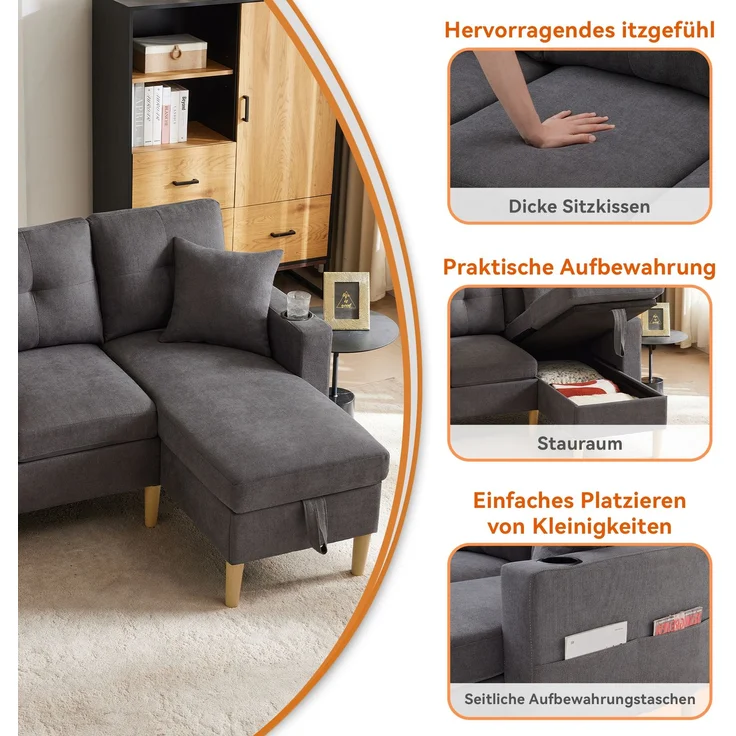 Merax L-förmiges modernes Sofa, 3-Sitzer-Sofa mit Chaiselongue, Stauraum, integriertem Getränkehalter, wird mit 2 Kissen geliefert, Dunkelgrau – Bild 8
