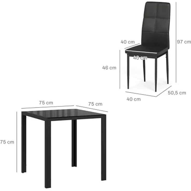 HOMCOM Essgruppe mit Glas-Tischplatte, (Esstisch mit 2 Stühlen, 3-tlg, platzsparend Esszimmergruppe), für Esszimmer, Küche Schwarz – Bild 7