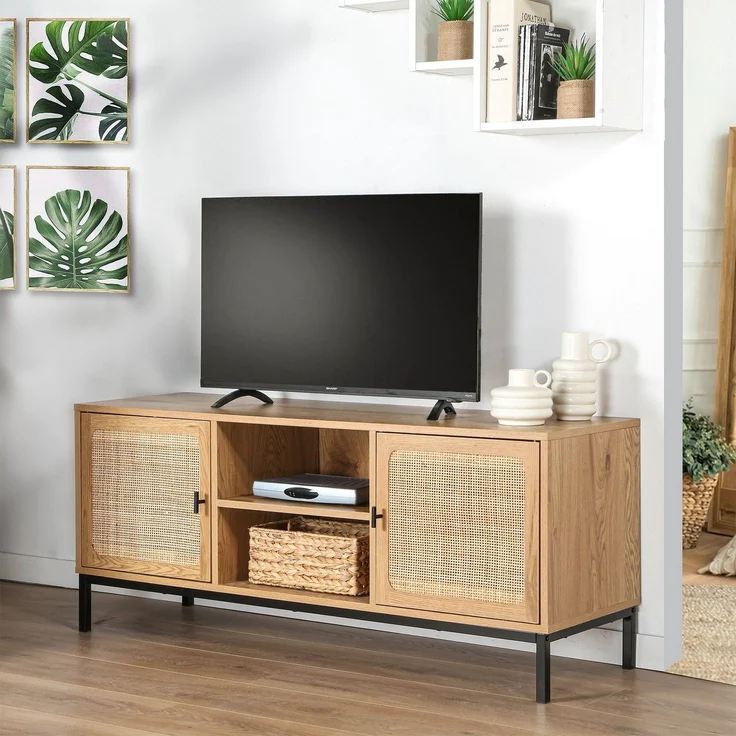 Casâme TV-Möbel mit 2 Türen, Rattangeflecht und 2 Ablagen - L120cm - Helles Holz – Bild 2
