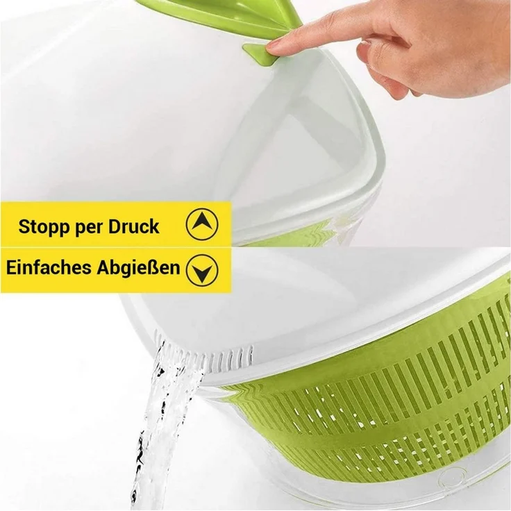 Elegear Salatschleuder Salatentwässerer Spinderella, 5 Liter, ø 24,5 cm, Kunststoff BPA-frei, (1-tlg), herausnehmbarer Siebeinsatz, Deckel & Stopp-Knopf, mit Schüssel – Bild 4