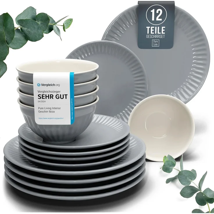 Steingut Geschirrset 4 Personen Hygge 12 tlg. TESTSIEGER, Traumhaftes Skandinavisches Steingut Geschirr Set, Schüssel- und Teller Set, Tafelservice 4 Personen, Geschirrsets Pure Living in Graublau