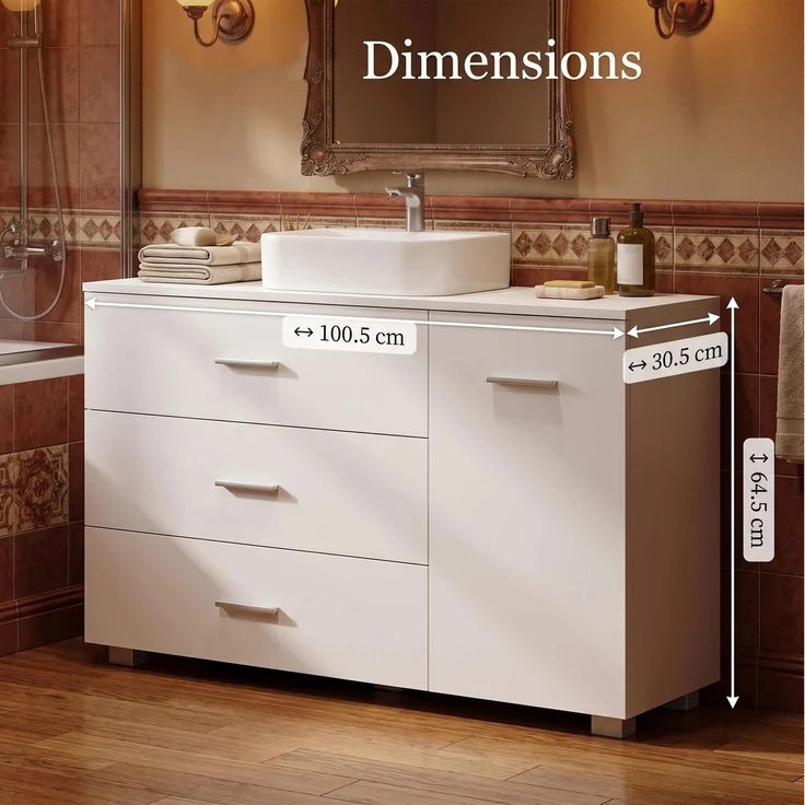 Halupeit Weißer, freistehender Waschtischunterschrank, 3 extra große Schubladen, integrierte verstellbare Einlegeböden, 100,5 x 30,5 x 64,5 cm – Bild 4