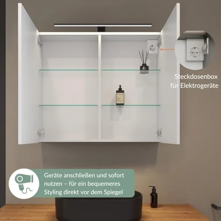 Planetmöbel ARIA Spiegelschrank Bad mit Beleuchtung 80 cm breit | Badschrank hängend mit Spiegel | Weiß Grau, mit Leuchte und Steckdose, Spiegelschrank Gäste WC 80 x 70 x 16 cm – Bild 8