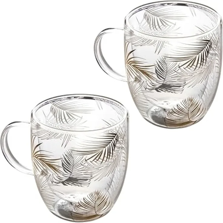 KVOTA Thermoglas Doppelwandiges Glas 2-er Set je 300 ml Thermogläser Design „Tropen“, 2-tlg, Glas, Tropen-design, doppelwandig
