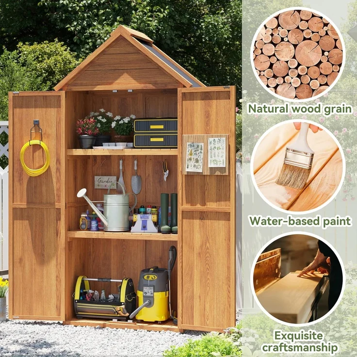 Aoxun Geräteschuppen Holz 73x39x169cm mit Regalen, giebelförmiges Gartenhaus mit Asphaltdach & Doppeltüren, wetterfester Gartenschrank Outdoor für Balkon Terrasse Hinterhof,Natürlicher Holzfarbton – Bild 6
