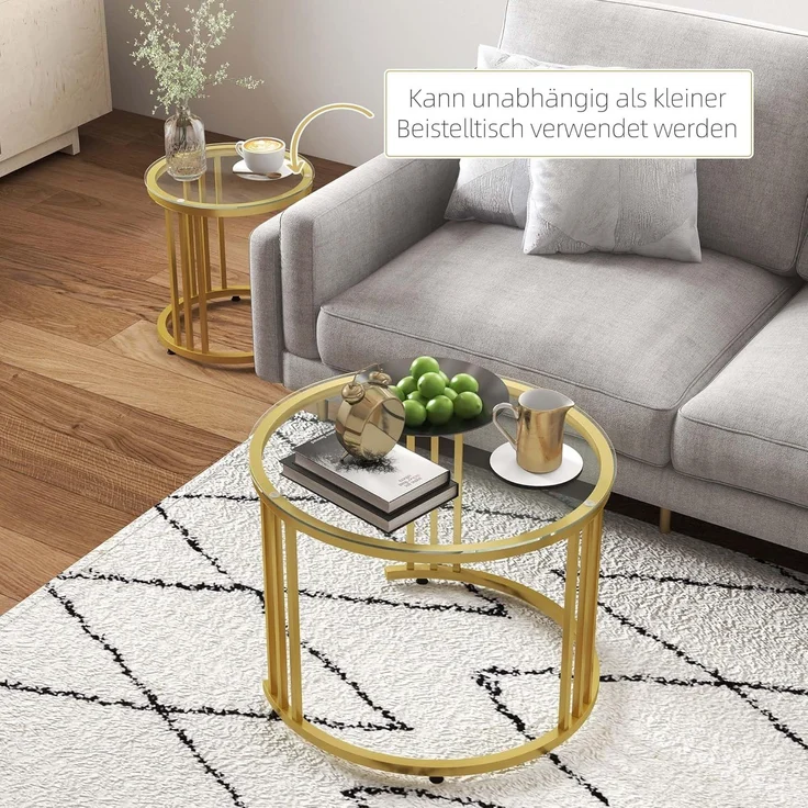 HOMCOM Couchtisch runde Couchtische Set von 2 mit gehärtetem Glas und Stahlrahmen (Beistelltisch, 2-St, Schachteltisch), für Wohnzimmer, Gold – Bild 6
