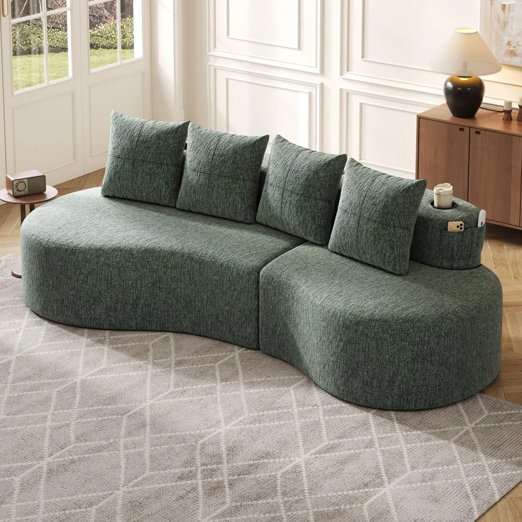 Großes Stoffsofa 240 cm mit Getränkehaltern, Seitentaschen und 4 Kissen, gepolsterte Couch mit Schaumstoff und Federleisten für Wohnzimmer, Grün – Bild 7
