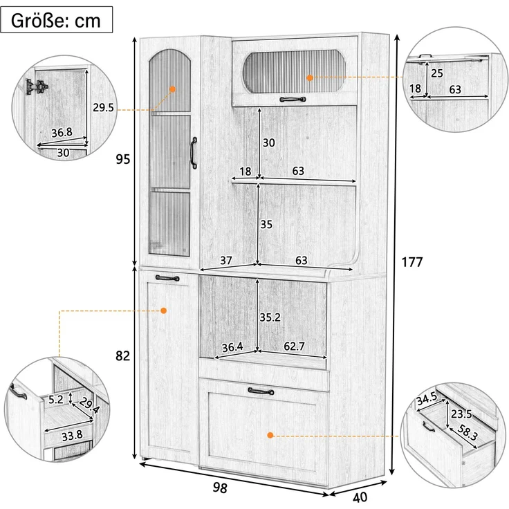 EINHOM Highboard mit verstellbaren Regalböden und Schubladen, Küchenschrank mit ausziehbaren Regalböden und Riffelglas, Ideal für Esszimmer, Wohnzimmer und Küche (Natur) – Bild 2