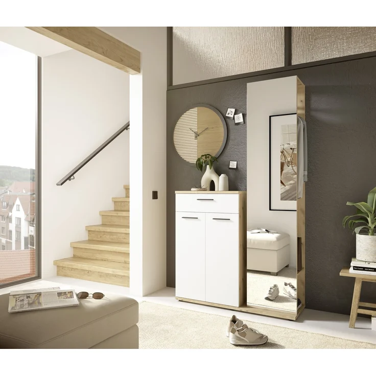 Kompaktgarderobe >Malaga< 2 Türen, 1 Schub, Spiegel, Eiche Dekor / Weiß - 105x188x38cm (BxHxT) – Bild 2