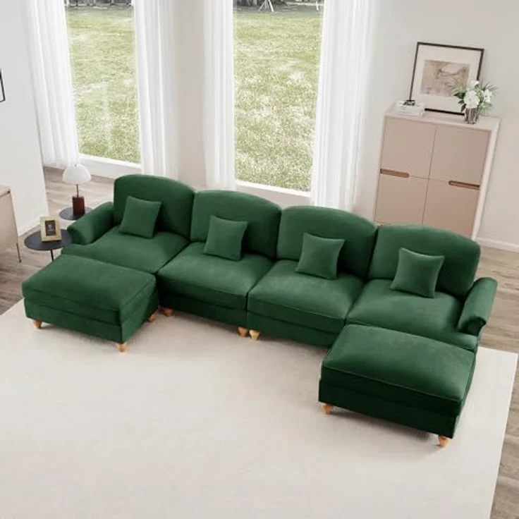 Ball & Cast Sofa Sets, Sofa 2 Sitzer mit Flared Armlehnen, Modulares Sofa mit Abnehmbarem Volant für Wohnzimmer, Grün, 4 Sitze + 2 Hocker – Bild 3