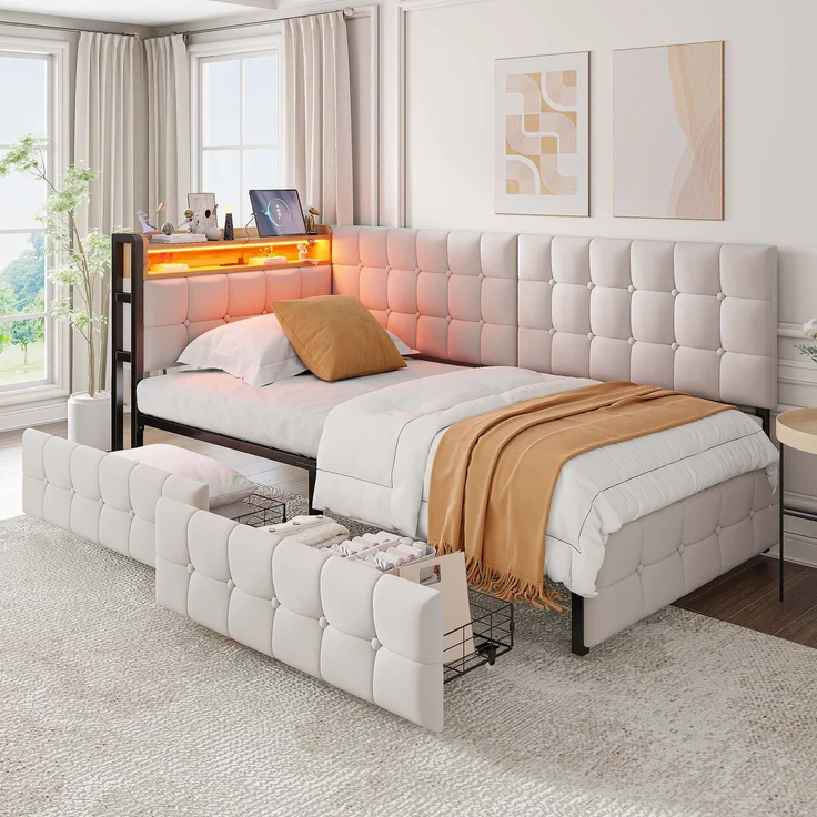 90 X 200 Gepolstertes Schlafsofa, Polsterbett mit 2 Schubladen und LED-Nachttischlampe, USB- und Typ-C-Anschluss, multifunktionales Kinder-Bootsbett, Schlafsofa Einzelbett Beige – Bild 3
