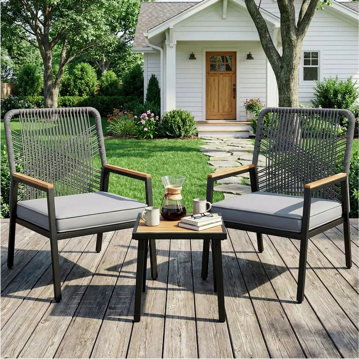 TLGREEN Gartenstuhl Eisen-Rattan Gartensessel,verbreiterter Sitz, (Balkonstühle Metall und Rattan, mit 8 cm dicken Sitzkissen, 3 St), 160 kg Belastbar für Terrasse, Garten und Veranda – Bild 1